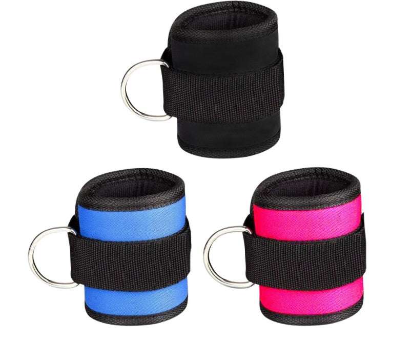 Adjustable D-ring ankle strap fitness weights in black, pink, and blue for gym workouts