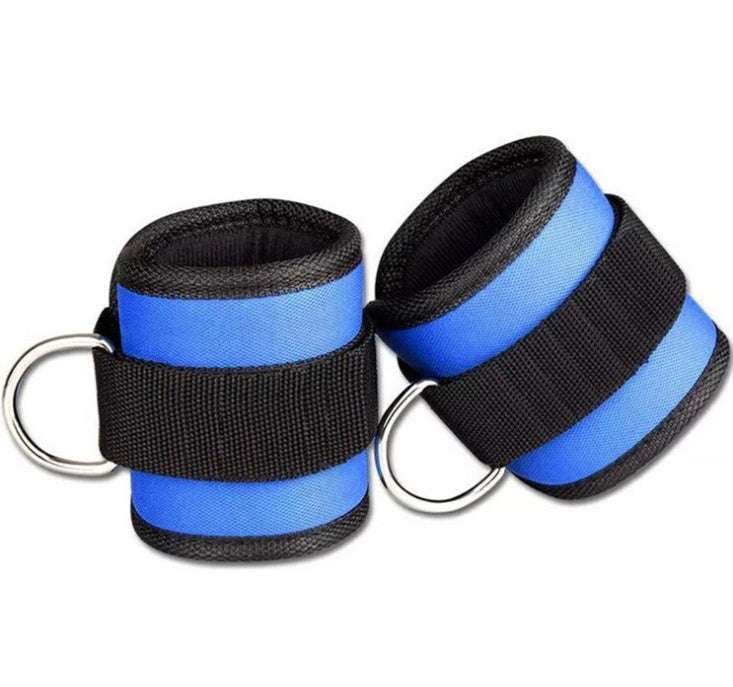 Adjustable D-ring ankle strap weights in black, pink, and blue for fitness and power lifting