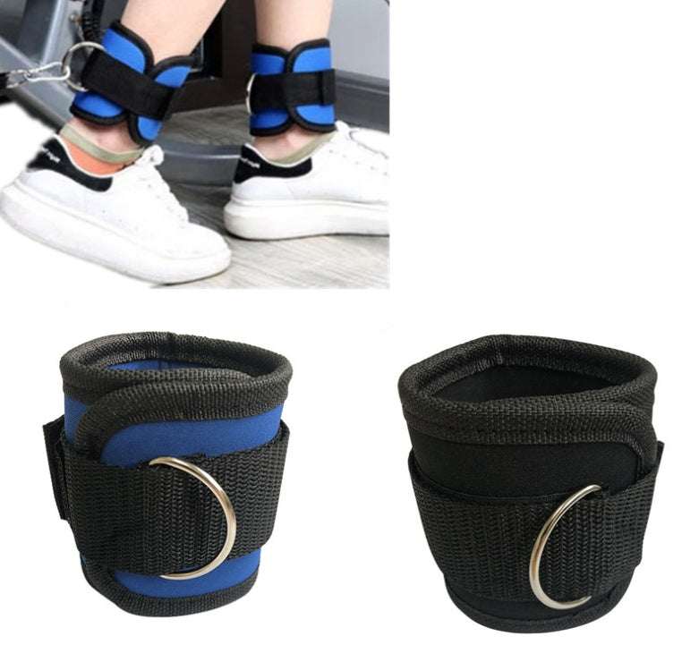 Adjustable D-ring ankle strap weights in black, pink, and blue for fitness and powerlifting