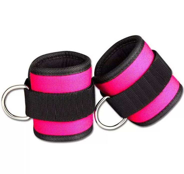 Adjustable D-ring ankle strap weights in black, pink, and blue for fitness and weight lifting